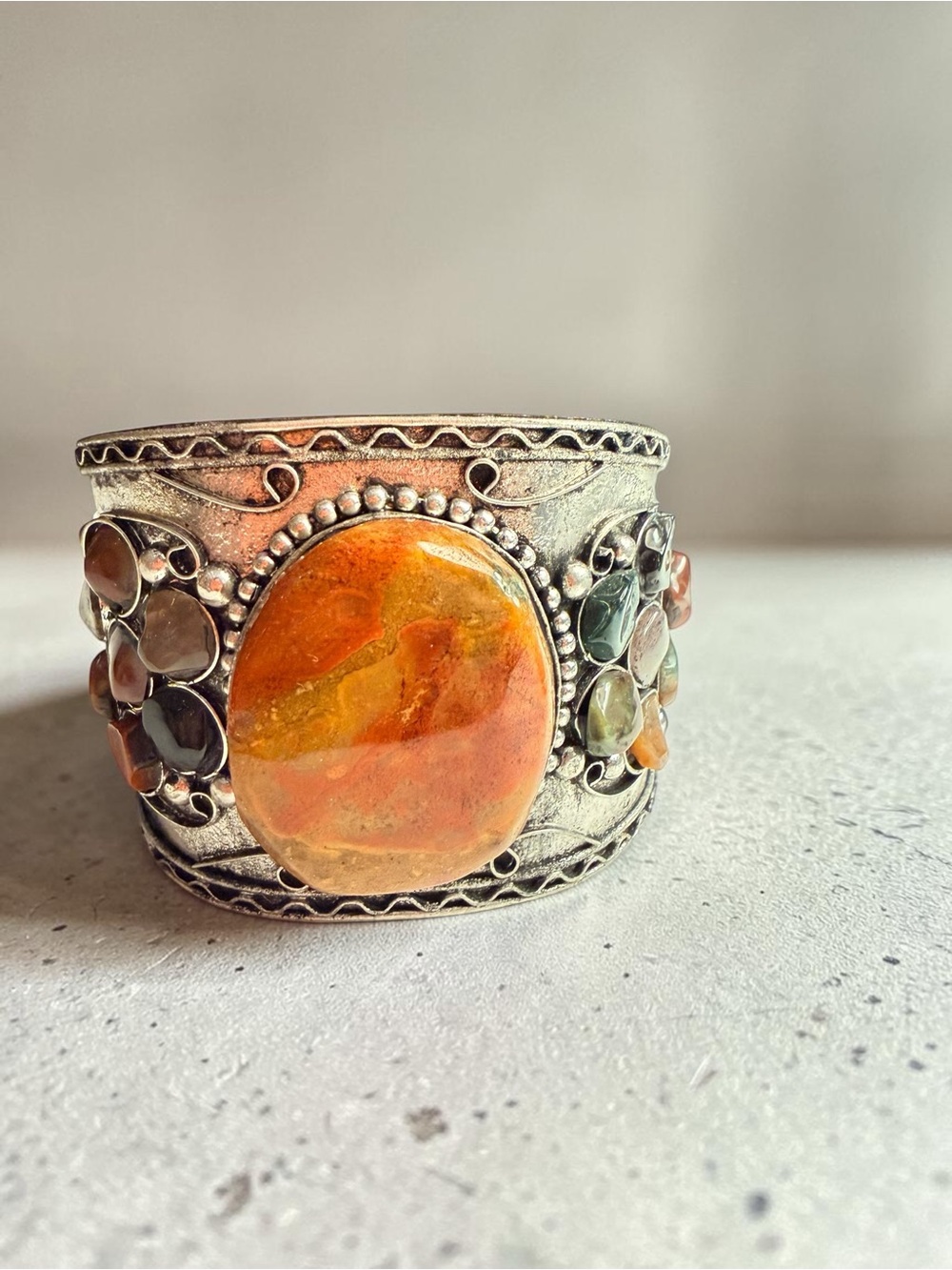 Handcrafted Orange Gemstone Silver Cuff Bracelet - Women's Jewelry